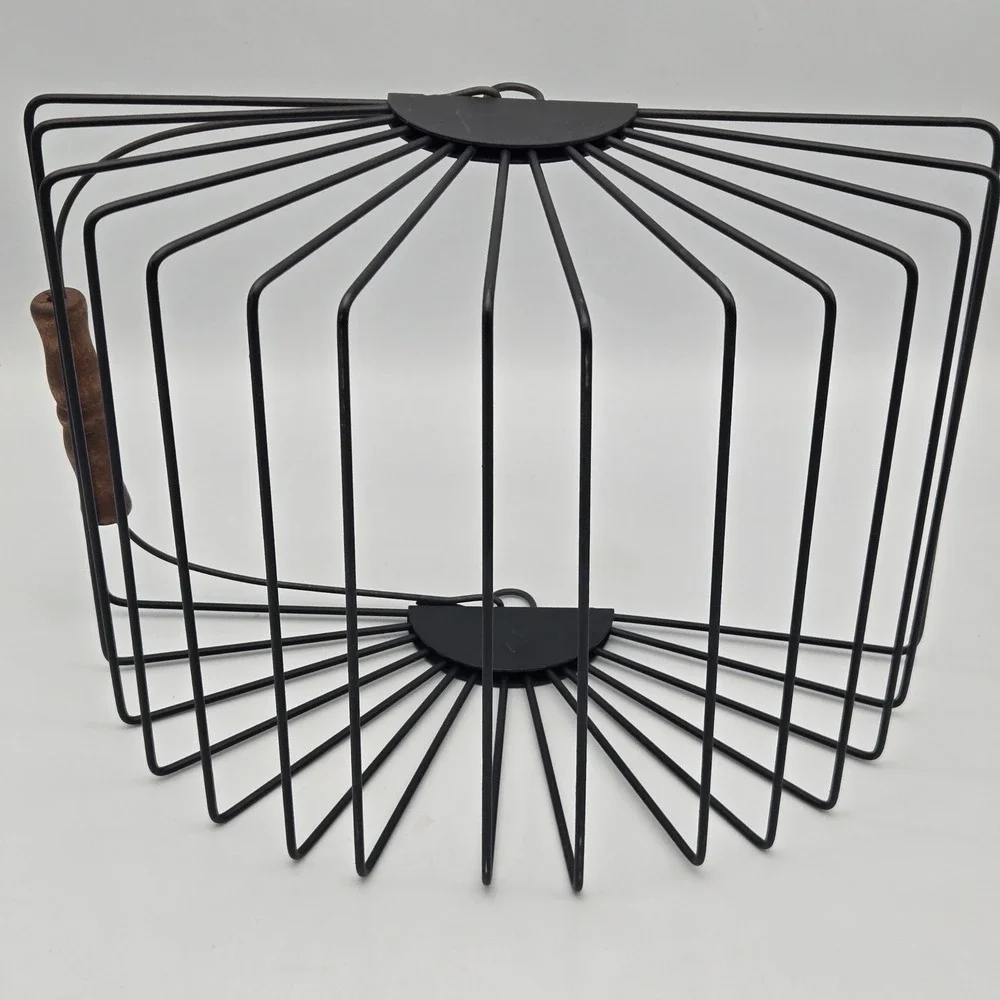 Vintage Wire Egg Fruit Basket with Wood Handle Black Metal Fan Design Farmhouse